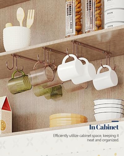Luckinow Mug Hooks Under Cabinet 3 Pack, Coffee Cup Hooks for Hanging Under Shelf, Mug Organizer Rack with 12 Hooks for Displaying Mugs, Coffee Cups and Kitchen Utensils, Brown - Image 7