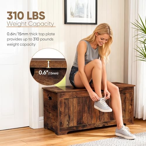 SUPER DEAL Storage Chest, 39 inches Chest Box Organizer with 2 Safety Hinges, Wooden Entryway Shoe Organizer Storage Bench, Rustic Brown - Image 5