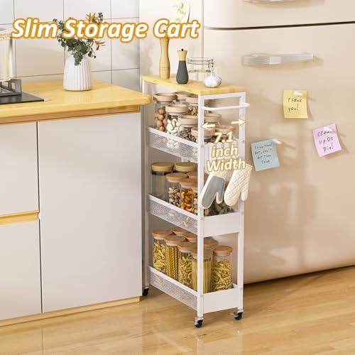 7.1" Wide Slim Storage Cart on Wheels, 4 Tier Metal Narrow Rolling Cart with Handle and Wood Top, Multifunctional Small Mobile Shelf Unit Organizer Trolley for Laundry, Bathroom, Kitchen - Image 2