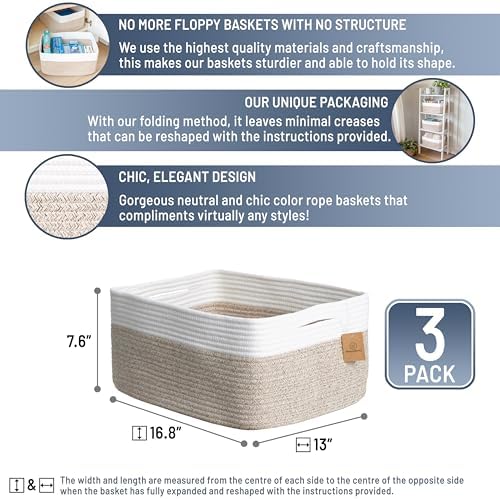 NaturalCozy Storage Baskets 16.8”x13”x7.6” Cotton Rope Woven Baskets for Organizing 3-Pack | Toy Storage Bins | Basket for Shelves, Laundry, Blanket, Clothes, Closet, Kitchen, Bathroom, Gifts - Image 2