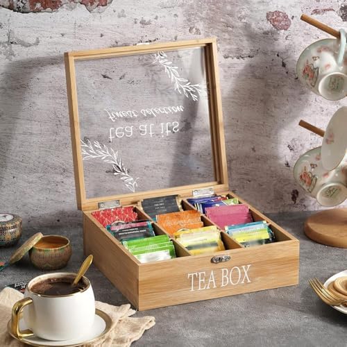 Bamboo Tea Box Organizer,Rustic Tea Storage with 9-Slot - Image 2