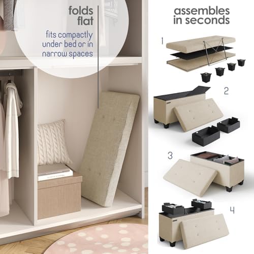 Storage Ottoman Bench with Bins, 30-in Storage Bench for Bedroom End of Bed, Folding Foot Rest Ottoman for Living Room Max 660lbs, Fabric Ottomans, Beige - Image 6