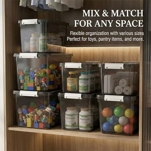 Plastic Storage Bins with Lids, 2 Pack Mixed Sizes (7 Qt, 16 Qt) Clear Black with Lid Stackable Organizer Boxes with Latches for Closet, Pantry, Bathroom, Office - Image 4