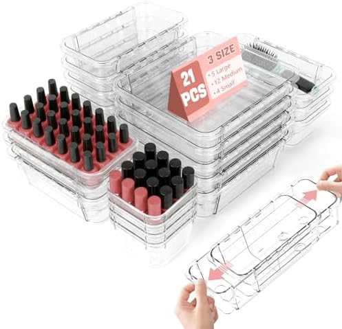21 PCS Extendable Drawer Organizer Set Clear Stackable Vanity Storage Bins by Unknown