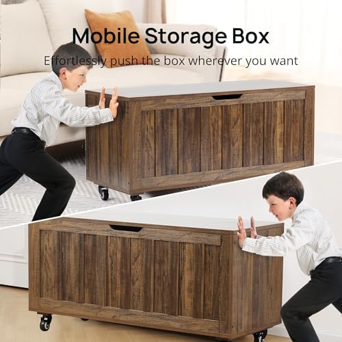 HYZ Storage Chest, 39.4'' Wooden Storage Bench with 4 Wheels & 2 Safety Hinges, Retro Toy Box Support 300 lbs for Bedroom, Living Room, Easy Assembly, Vintage Brown - Image 3