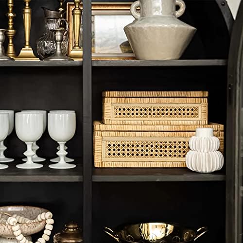 Large Handwoven Boho Rattan Display Boxes with Glass Lids Set of 2 - Image 7