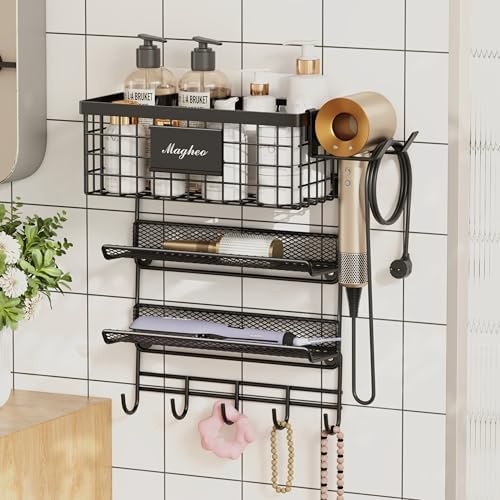 Magheo Hair Dryer Holder Wall Mounted, Adheisve Hair Tool Organizer for hair Brush/Appliance Wall Mount with 4 Tier Shelf Basket Hooks Blow Dryer and Straightener Holder for Bathroom(Black) by MAGHEO