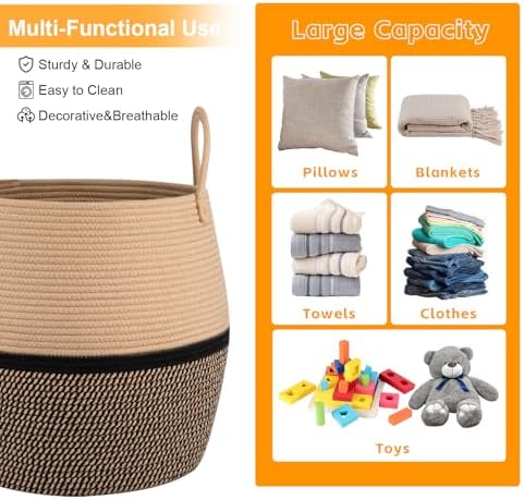 OIAHOMY 60L Blanket Basket with Handle, Storage Basket for Living Room, Laundry Hamper for Clothes, Towels, Pillows, Toy Storage for Kids and Dogs, Baby Hamper for Nursery - Brown & Black - Image 5