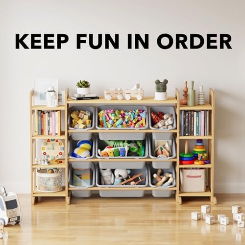 SpaceAid Large Toy Storage Organizer 9 Shelves 9 Bins, Toy Organizers Storage Bookshelf, Kids Bin Shelf Toys Box Bookcase for Bedroom Playroom Organization Room Decor, Neutral Gray - Image 6