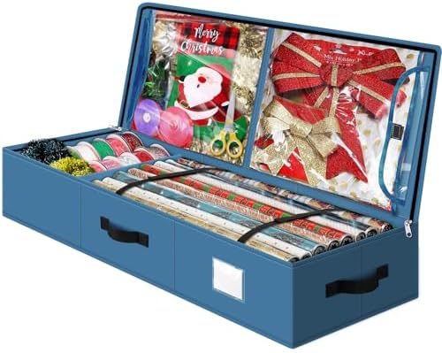 Fabspace Christmas Wrapping Paper Storage Containers, 40 Inch Gift Wrap Organizer, Visible Supplies Pockets for Xmas Accessories, Underbed Storage for Christmas Decorations, Blue by Fabspace