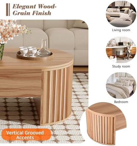 Merax 47.2'' Lift Top Oval Coffee Table with Hidden Storage Compartment, Modern Wooden Center Table with Oval Lift Tabletop for Home Living Room, Light Brown - Image 4