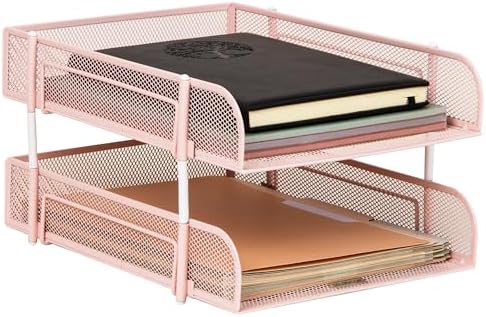 Mind Reader Stackable Paper Tray, Desktop Organizer, File Storage, Office, Metal Mesh, 2 Pcs, Pink by MindReader