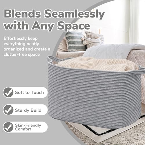 Goodpick 105L Extra Large Woven Rope Blanket Basket, Rectangle, Gray - Image 5