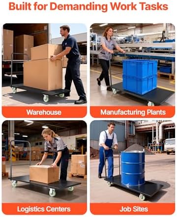 VEVOR 2000 LBS Heavy Duty Platform Truck, Upgraded Version with Larger Deck (60" x 28"), Industrial Steel Flatbed Cart with Swivel Wheels, Push Cart Dolly for Warehouse/Garage/Moving/Garden - Image 6