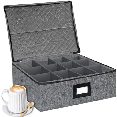 homyfort Mug Coffee Storage Box with Dividers - Stackable Glass China Storage Containers Hard Shell with Lid, Label and Handles, Holds 12 Coffee Mugs and Tea Cups (Dark Grey) by homyfort