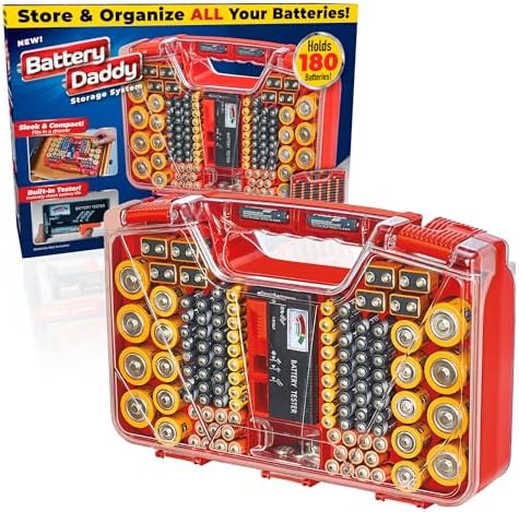 Ontel Battery Daddy Storage & Organizer Case w/Tester, Stores & Protects Up to 180 Batteries, Double-Sided, Clear Locking Lid, Secure Latches & Portable Carrying Handle - Red (Batteries Not Included) by Ontel