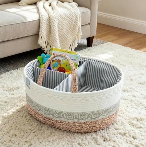 Baby Diaper Caddy Organizer,Woven Rope Nursery Storage Bin,Newborn Gift Basket,Extra-Large Cotton Basket with Removable Compartments,Portable (Mixed Brown, Extra Large) - Image 4