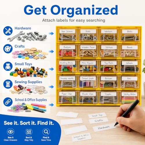 Goaste 20 Pack Drawer Stacking Storage Cabinet, Plastic Desktop Drawer Closet, Small Parts Screw Craft Organizer Container with 40 PCS Clear Dividers & 20 PCS Tag Cards for Home Office School Items - Image 6