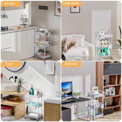 3 Tier Rolling Utility Cart with Drawer,REBECAT Utility Cart Made of Multifunctional Storage Organizer Tool for Kitchen,Bathroom,Living Room,Office(Gray) - Image 6