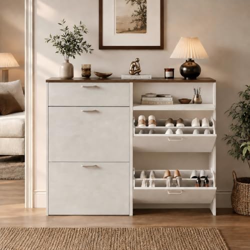 VINGLI Shoe Cabinet Storage for Entryway,Rustic White Narrow Shoe Rack,25"W - Image 5