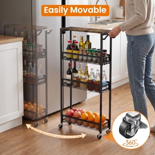 Vincona Extra Slim Storage Cart with Adjustable Shelf, 4 Tier 5.1" Narrow Rolling Utility Cart with Wooden Tabletop, Small Metal Mobile Shelf Unit Organizer Trolley for Laundry, Bathroom, Kitchen - Image 3