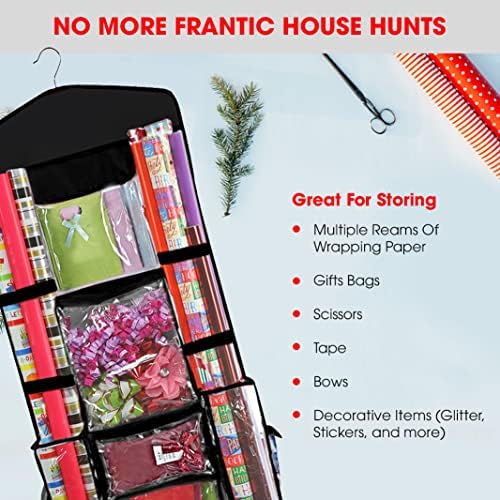 Hanging Gift Wrapping Paper Storage Organizer Bag, Double Sided Multiple Front & Back Pockets Organize Your Gift Wrap, Full Black, 1 Count (Pack of 1) - Image 6