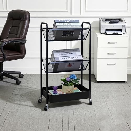 Small 3-Tier Metal Rolling Bookshelf Cart-Standing File Rack,Black - Image 2