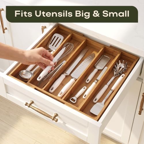ROYAL CRAFT WOOD Carbonized Bamboo Kitchen Drawer Organizer - Silverware Organizer - Utensil Holder and Cutlery Tray with Grooved Drawer Dividers for Flatware and Kitchen Utensils, 5 Slot - Image 3