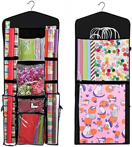 Hanging Gift Wrapping Paper Storage Organizer Bag, Double Sided Multiple Front & Back Pockets Organize Your Gift Wrap, Full Black, 1 Count (Pack of 1) by Primode