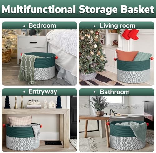 Goodpick Large Storage Basket 22" x 14", Woven Baby Storage for Blanket Living Room, Laundry Organizer for Clothes, Toys, Christmas Basket for Gifts, Green - Image 6