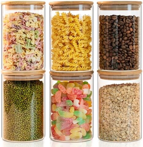 Liuruiyu Glass Food Storage Jars 6-Pack 37oz - 4x6 in-Clear Glass Food Canisters with Bamboo Lid Airtight For Serving Tea, Coffee, Flour, Sugar, Candy, Cookie, Spice and More (Circular) by Liuruiyu