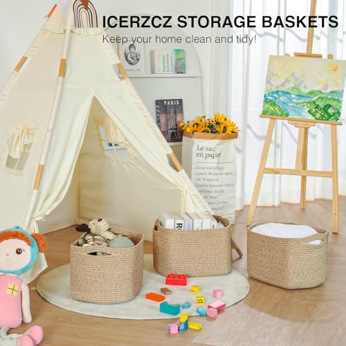 ICERZCZ Decorative Storage Baskets for Organizing Shelves, Toy Basket for Nursery, Woven Cotton Rope Baskets for Decor, Towel Basket for Bathroom, 15"x11"x9.5", 3 Packs, Brown - Image 6