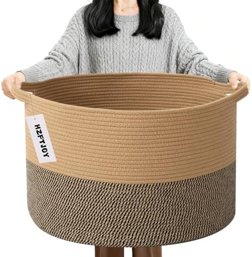 90L Extra Large Blanket Basket,Woven Rope Laundry Basket-Jute&Black by HZFTJOY