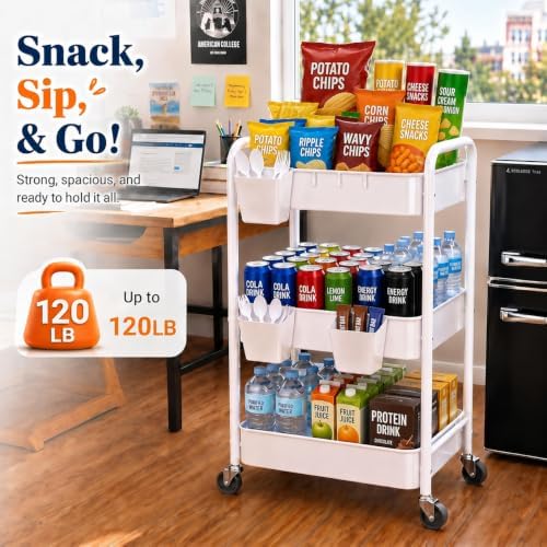 3 Tier Heavy Duty Metal Rolling Storage Cart Organizer with Wheels, White - Image 3