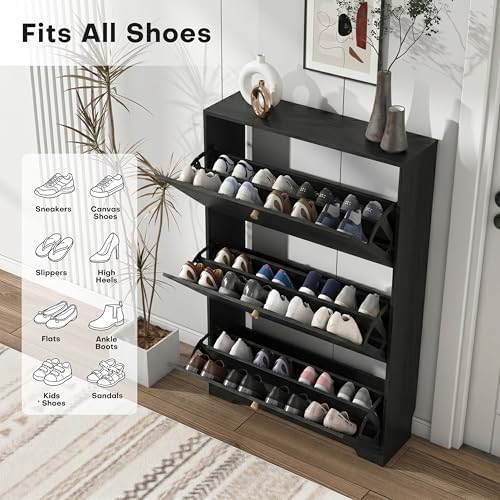 Nicetree Shoe Cabinet with 3 Flip Drawers, Entryway Shoes Organizer, Black - Image 3