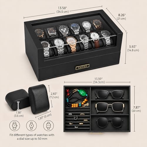 KAMIER High End Watch Box for Men, 12 Slot Wooden Watch Case With Drawer - Image 3