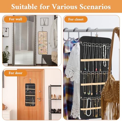 2 Pack Double Sided Hanging Jewelry Organizer for Closet with 48 Pockets & 30 Necklace Hooks, Premium Hanging Jewelry Storage for Earrings, Rings, Bracelets Display (Black) - Image 7