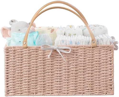 HBlife Large Baby Diaper Caddy Organizer Pink, Paper Rope Storage Baskets Nursery Bin with Removable Divider, Portable Car Organizer for Diapers, Baby Shower Gifts, Newborn Essentials Must Haves by HBlife