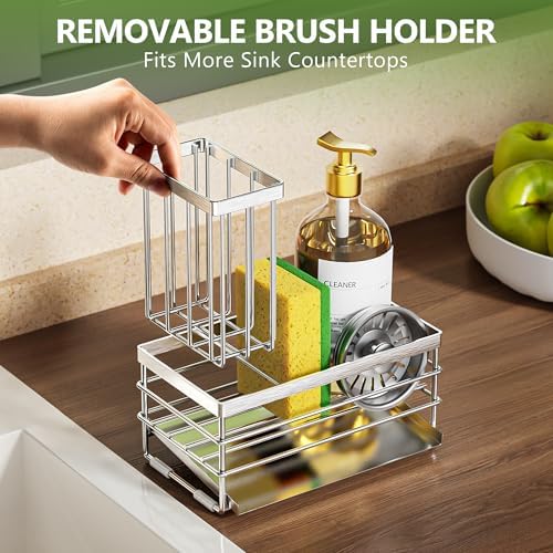 Cisily Sink Caddy Sponge Holder for Kitchen with Brush Holder and Stainless Steel Self Drain Tray, Rustproof Kitchen Sink Organizer for Sponge, Soap Dispenser Storage Accessories - Image 6