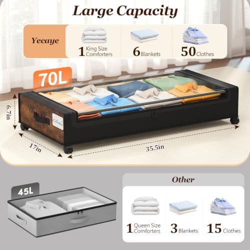 Yecaye Under Bed Storage with Wheels, 2 Pack Brown Large Lapacity Rolling UnderBed Drawers for Clothes, Blankets - Image 2