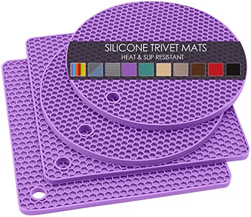Silicone Silicone Trivet for Hot Dishes, 4 Pack Purple Heat Resistant Silicone Hot Pads Pot Holders for Kitchen Counter Non-Slip Trivets for Hot Pots and Pans, Small Dish Drying Mat & Spoon Rest by QPIXDIGITAL