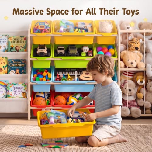 LAMU 3-in-1 Toy Storage Organizer with 3-Tier Bookshelf, Stuffed Animal Storage with 12 Bins and 4 Shelves, Wooden Book Shelf for Playroom Kids Room Nursery Bedroom Living Room Decor, Rainbow - Image 3