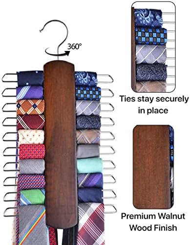 Umo Lorenzo 2 Pack Premium Wooden Necktie and Belt Hanger, Walnut Wood Center Organizer and Storage Rack with a Non-Slip Finish - 20 Hooks - Image 3