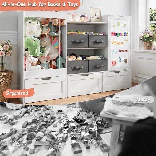 61" W Kids Toy Storage Organizer with Stuffed Animal Storage, 3 Movable Storage Drawers, 4 Removable Storage Bins, Wooden Bookshelf with Magnetic Drawing Board for Kids Room & Playroom, White - Image 6