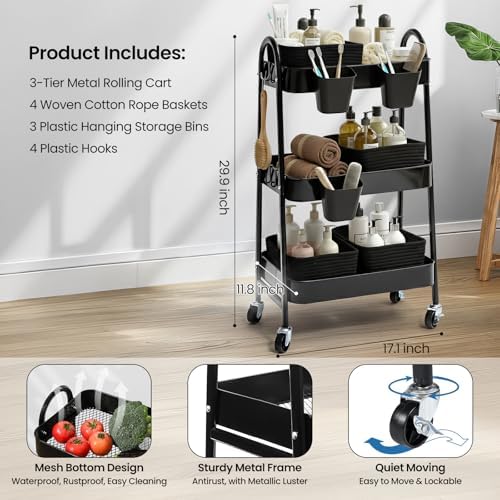 3-Tier Rolling Utility Cart with 4 Woven Baskets, Diaper Book Snack Cart, Storage Organizer for Nursery, Kitchen, Craft Room, Home SPA, Living Room, Metal Frame Trolley on Lockable Wheels, Black - Image 2