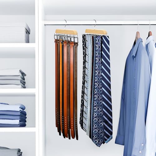 Tie Rack & Belt Hanger 2 in 1 Tie Hanger Space Saving Max 42 Belts& 60 Ties Capacity for Closet Organizers and Storage, Sturdy Wood Belt & Tie Collection Organizer(Wood, 2Pack) - Image 6