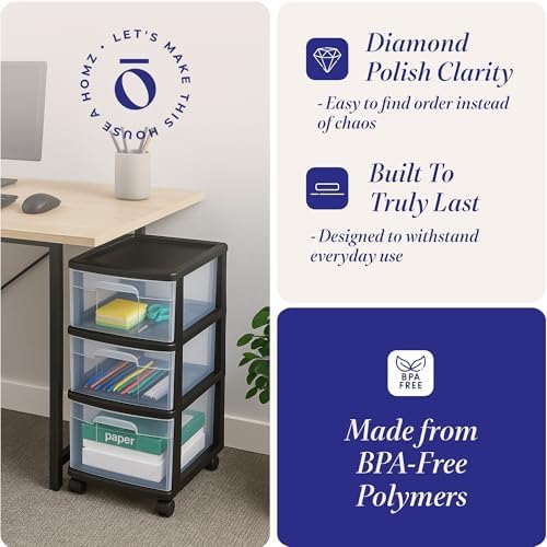 HOMZ Drawer Tower 3-Tier Storage Cart, Removable Wheels, Black Frame,2 Pack - Image 5
