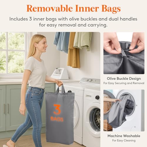 Lifewit 165L Large Laundry Hamper with Lid, Removable Inner Bag, Light Gray - Image 6