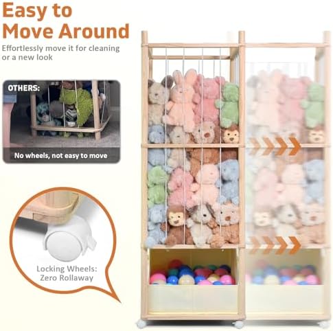 Stuffed Animal Storage with Tiny Toys Tray, Wood Stuffed Animal Zoo Storage with Brake Wheels, Space-Saving Plushie Playhouse for Nursery, Playroom, Kids Bedroom- Easy Assembly - Image 3