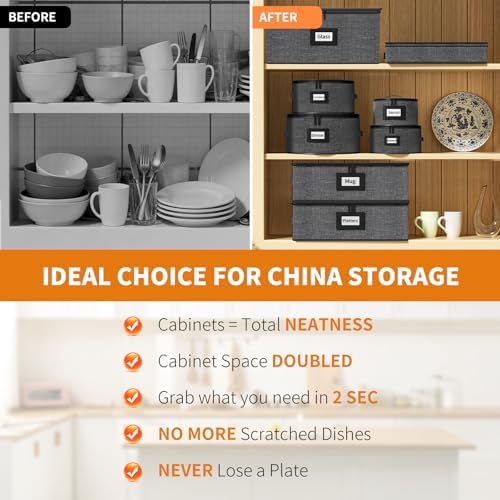 Aokeyee 8-Piece China Storage Containers Set, Hard Shell Moving Boxes for Dishes, Plates, Mugs, Wine Glass & Flatware – Dinnerware Organizer with Soft Felt Dividers, Sturdy Handles & Zippers, Grey - Image 5